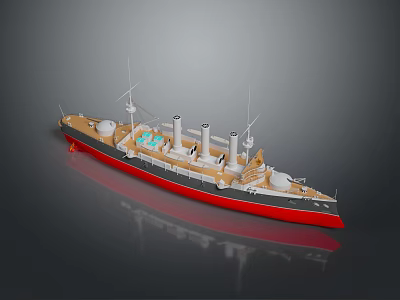 Vintage Warship Model With Red Bottom Gray Upper Deck And Smokestacks 3d model
