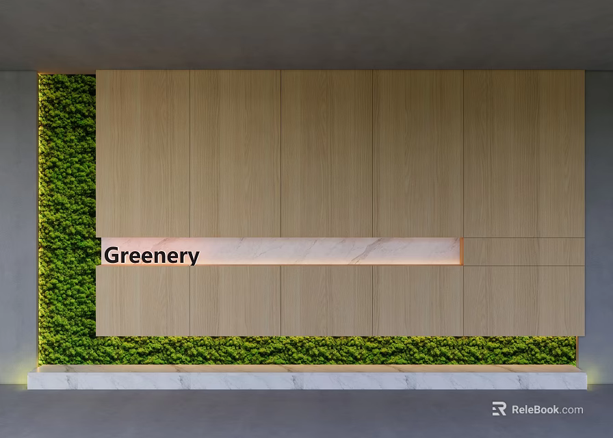 Modern Front Desk Background Wall With Wood Panels And Greenery 3d model