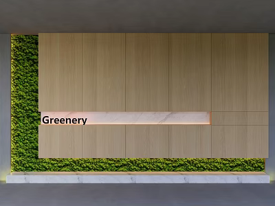Modern Front Desk Background Wall With Wood Panels And Greenery 3d model