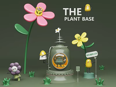 The Plant Base Featuring Colorful Flowers Chick Characters And Glass Jar Container 3d model