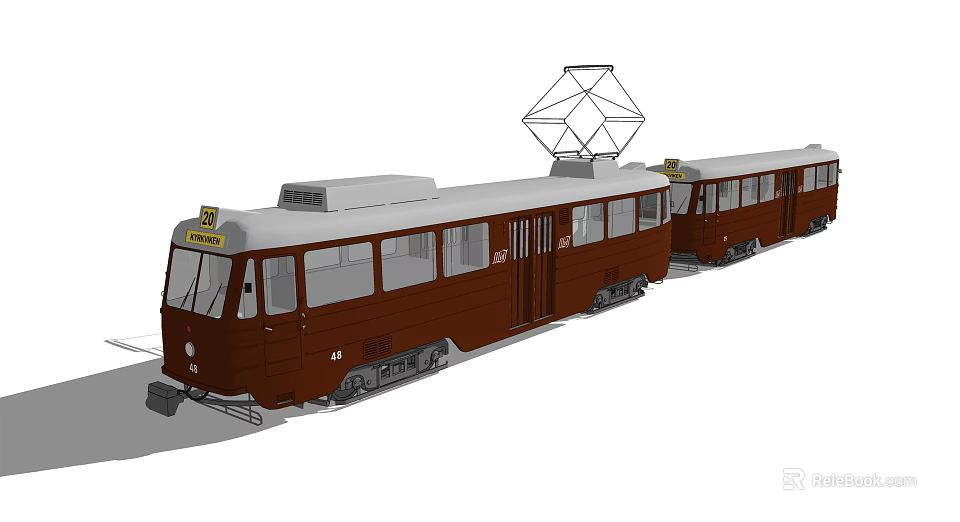 Classic Vintage Brown Electric Tram With Multiple Carriages And Pantograph 3d model 