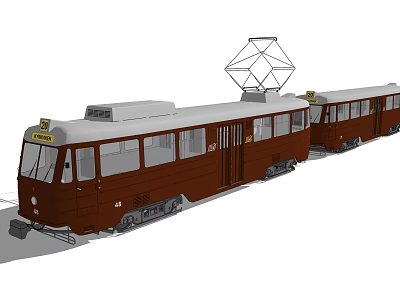 Classic Vintage Brown Electric Tram With Multiple Carriages And Pantograph 3d model