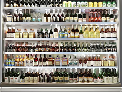 Showcase Shelf Stocked With Various Types Of Alcohol Bottles On Multiple Tiers 3d model
