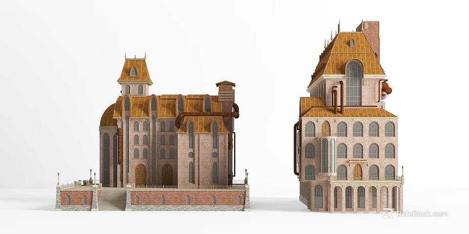 Classic European Architecture With Spires Arched Windows Brick Structure And Ornate Roofs 3d model 