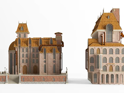Classic European Architecture With Spires Arched Windows Brick Structure And Ornate Roofs 3d model