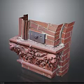 Ornate Red Brick Fireplace With Intricate Carved Decorations And Metal Accents