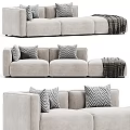 Light Gray Fabric Three Seater Sofa With Geometric Pattern Cushions And Throw Blanket 3d model