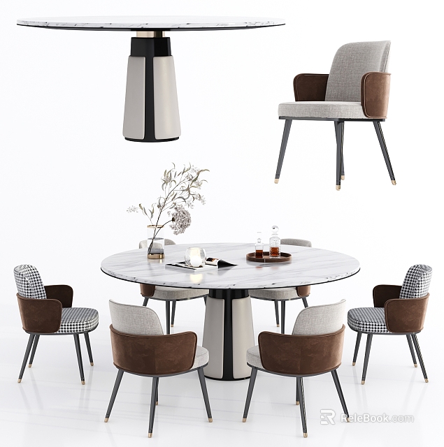 Elegant Modern Dining Chairs Around Round Marble Table With Gray Brown Upholstery In Dining Room 3d model 