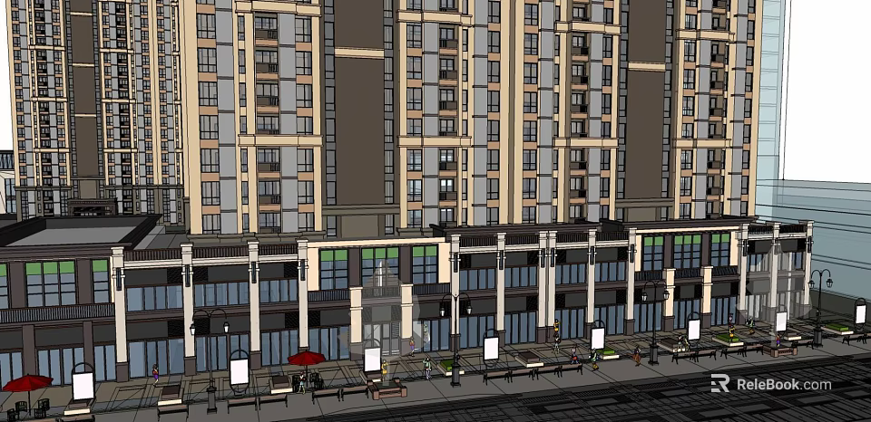 Modern Commercial Street With Elevated Buildings Shops Outdoor Seating And Pedestrian Area 3d model 