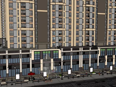 Modern Commercial Street With Elevated Buildings Shops Outdoor Seating And Pedestrian Area 3d model