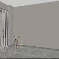 Golden Metal Mesh Umbrella Stand in Indoor Corner with Two Umbrellas and Wooden Handles
