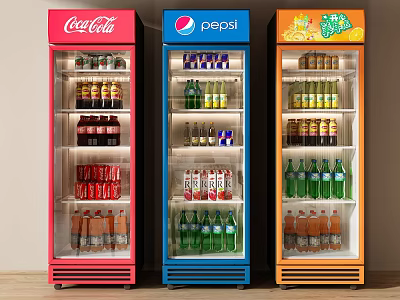 Colorful Beverage Display Coolers With Red Blue Orange Designs Stocked With Various Drinks And Bottles 3d model
