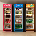 Colorful Beverage Display Coolers With Red Blue Orange Designs Stocked With Various Drinks And Bottles