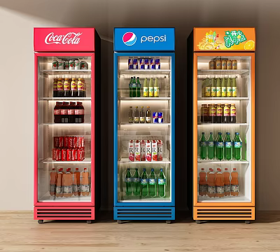 Colorful Beverage Display Coolers With Red Blue Orange Designs Stocked With Various Drinks And Bottles 3d model