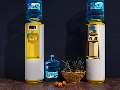 Modern Water Dispensers Yellow White Design With Blue Bottle Fruit Basket 3d model