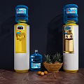 Modern Water Dispensers Yellow White Design With Blue Bottle Fruit Basket