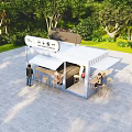 Outdoor Container Style Cafe Bistro Shop With High Stools Seating And Green Plants