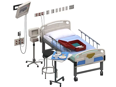Advanced Hospital Bed Medical Equipment With Monitoring Screen And Patient Tray 3d model