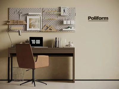 Modern Home Office Desk With Pegboard Shelves Laptop 1000 Display And Poliform Brand 3d model