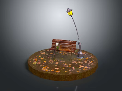 Outdoor Wooden Bench With Street Lamp And Fallen Leaves In Park Setting 3d model