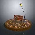 Outdoor Wooden Bench With Street Lamp And Fallen Leaves In Park Setting