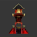 Traditional Architecture Scenery Featuring Red and Gold Pagoda with Black Roof Steps and Golden Decorations