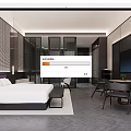 Modern Hotel Room With White Bed Gray Herringbone Flooring Black Partition Wall TV And Desk