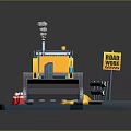 Detailed Yellow Bulldozer Miniature Model Scene With Road Traffic Cones And Street Lamp