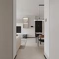 Modern Living Dining Room Interior with Beige Sofa White Refrigerator Chandelier Framed Artwork and Rug