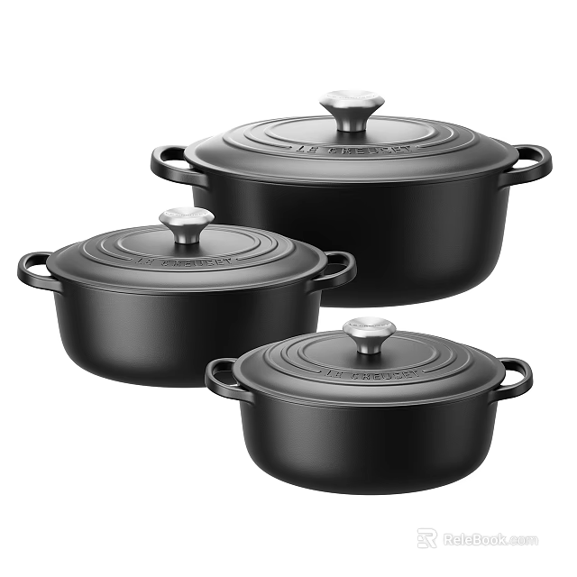 Sleek Black Three Piece Cooking Pots With Lids And Handles Set 3d model 