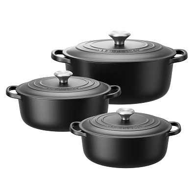Sleek Black Three Piece Cooking Pots With Lids And Handles Set 3d model