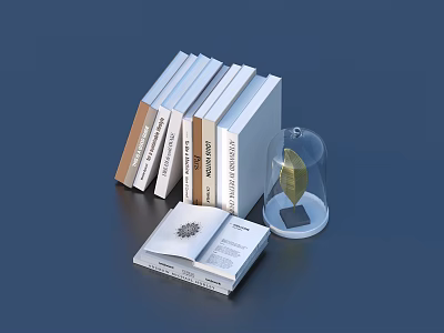 Stack of Books and Magazines with Open Book Glass Dome and Golden Leaf 3d model