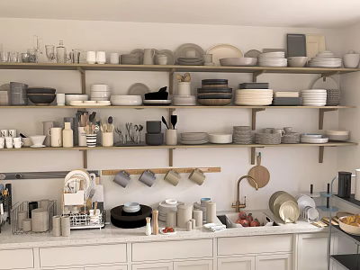 Organized Kitchenware Display On Shelves With White Cabinets And Ceramic Dishes 3d model