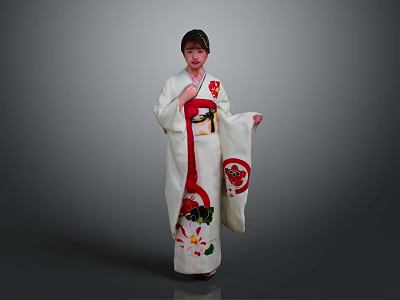 White Kimono With Floral Patterns And Red Obi Worn By Person 3d model