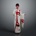 White Kimono With Floral Patterns And Red Obi Worn By Person