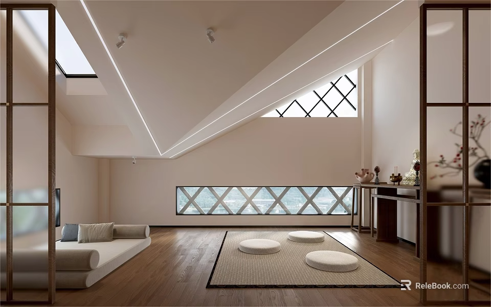 Serene Buddhist Shrine Cabinet In Zen Living Space With Wooden Structure And Decorative Items 3d model 