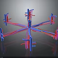 Detailed 3D Rendering of Organ and Hair with Branched Blue Pink Vascular Networks
