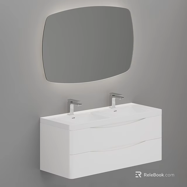 Modern White Bathroom Vanity With Double Faucets And Oval Mirror 3d model