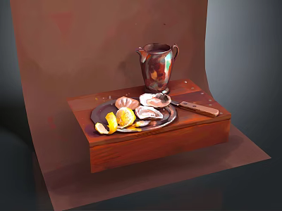 Fresh Oysters On Wooden Tray With Metal Pitcher Lemon Slices And Knife 3d model