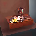 Fresh Oysters On Wooden Tray With Metal Pitcher Lemon Slices And Knife