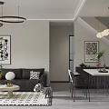 Modern Living And Dining Room Interior With Black Sofa Geometric Rug And Round Pendant Lights