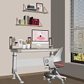 Children's Desk with Ergonomic Chair Computer and Stationery Near Window with Blinds and Wall Shelves