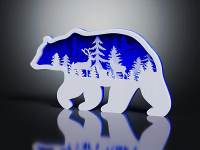 White Bear Shaped Decorative Furniture With Blue Background Forest Elements Trees And Deer 3d model