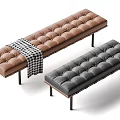 Modern Style Tufted Brown and Gray Benches with Checkered Blanket and Black Legs