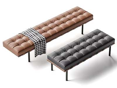 Modern Style Tufted Brown and Gray Benches with Checkered Blanket and Black Legs 3d model