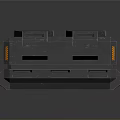Sci-Fi Weapon with Blue Illuminated Parts Orange Triangles Hexagonal Sections and Dark Futuristic Design