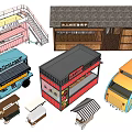 Various Colorful Mobile Food Trucks And Retail Booths With Different Styles