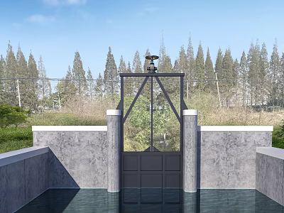 Industrial Equipment With Black Metal Gate Gray Concrete Structure And Top Monitoring Device 3d model
