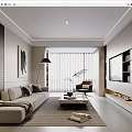 Modern Living Room Interior With Neutral Sofa Coffee Table Floor Lamp TV Wall And Curtains