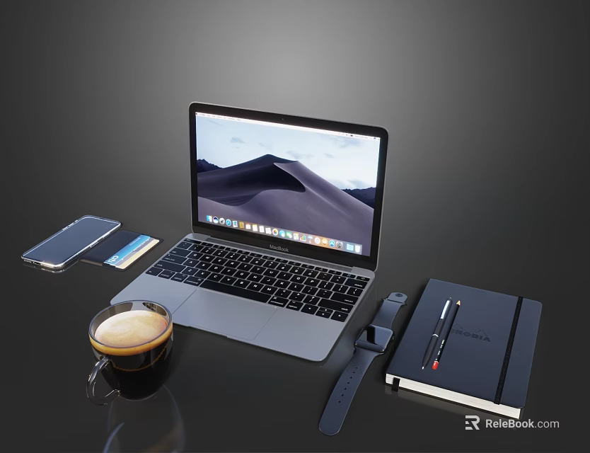 Modern Laptop with Smartphone Credit Card Coffee Cup Smartwatch Notebook and Pen 3d model 